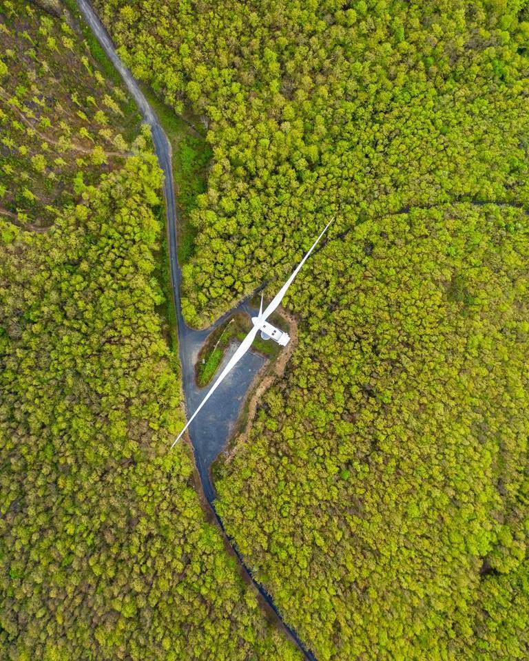 aerial shot of wind turbine