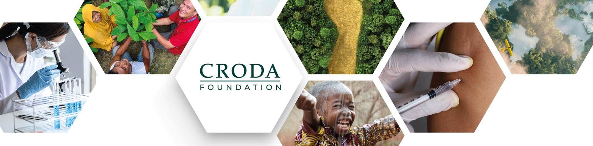 Series of hexagonal images including chemistry lab, vaccines, forests, farming to represent Croda charitable Foundation